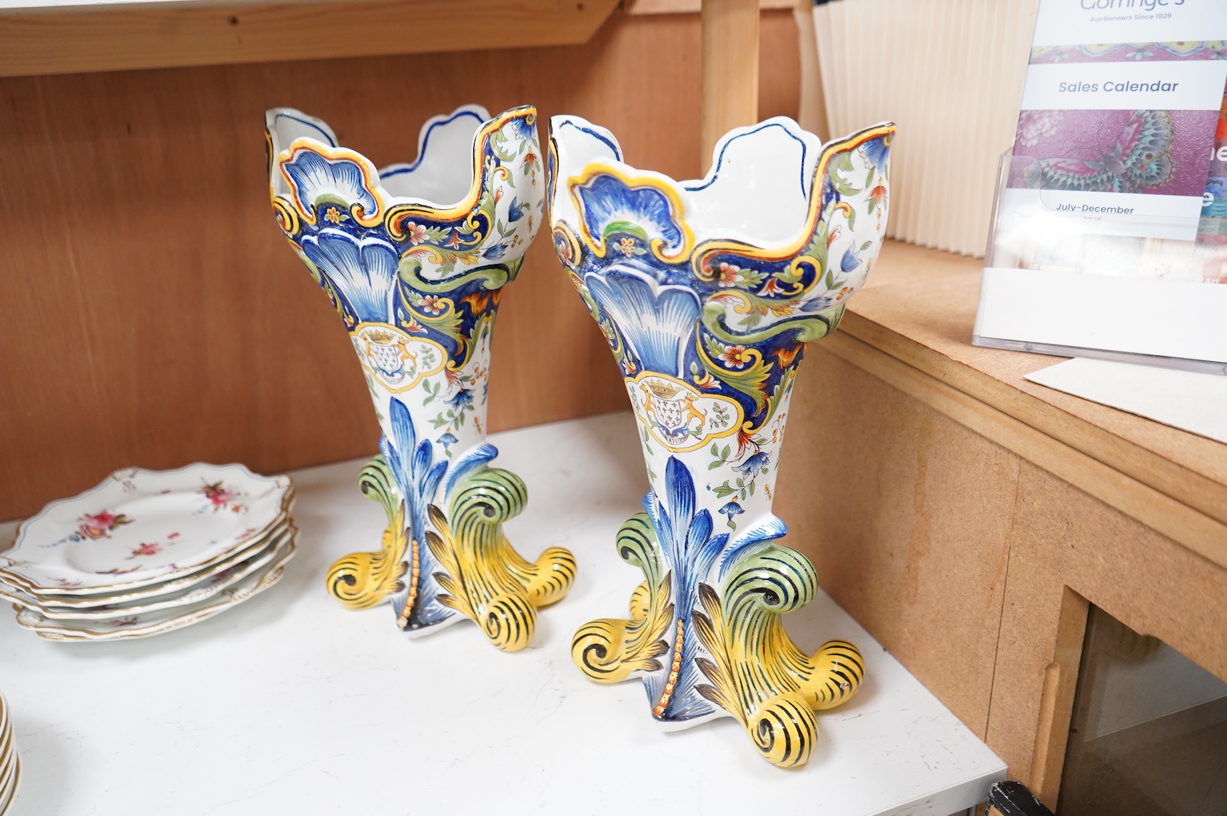 A pair of early 20th century French faience vases, 37cm high